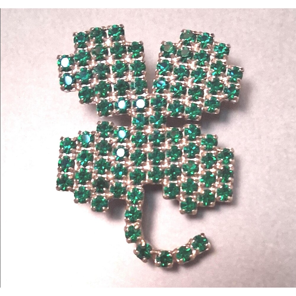 Rhinestone 4 Leaf Clover Brooch Vintage Bauer Emerald Green